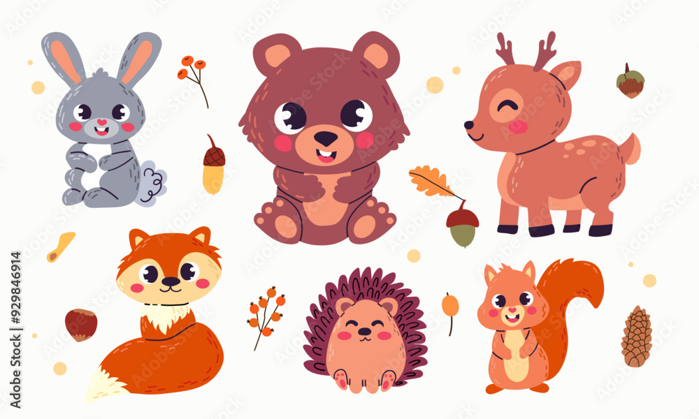 Vector illustration of cute woodland forest animals including deer, rabbit, hedgehog, bear, fox, raccoon, and squirrel. Flat cartoon illustration isolate on white background . Vector illustration of cute woodland forest animals including deer, rabbit, hedgehog, bear, fox, raccoon, and squirrel. Flat cartoon illustration isolate on white background .
