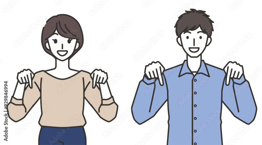 下を指さす男性と女性のイラスト