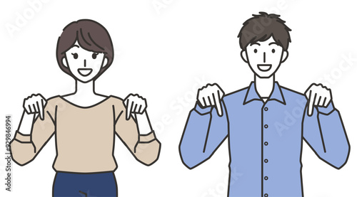 下を指さす男性と女性のイラスト