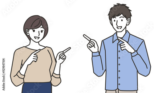 横を指さす男性と女性のイラスト
