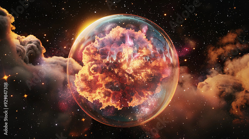 3D Spectacular cosmic cloud explosion within transparent sphere with black background. Nebula and stars in space concept with purple neon. Abstract wallpaper and creative design, AI Generative.