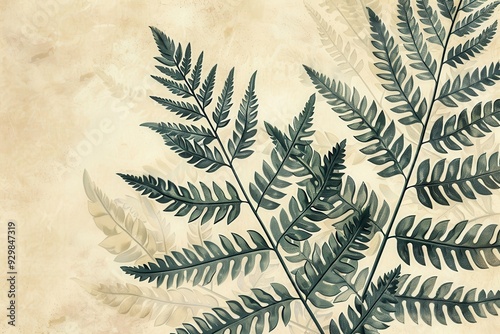 A botanical illustration of a fern, showcasing its delicate fronds and intricate leaf patterns in fine detail. 