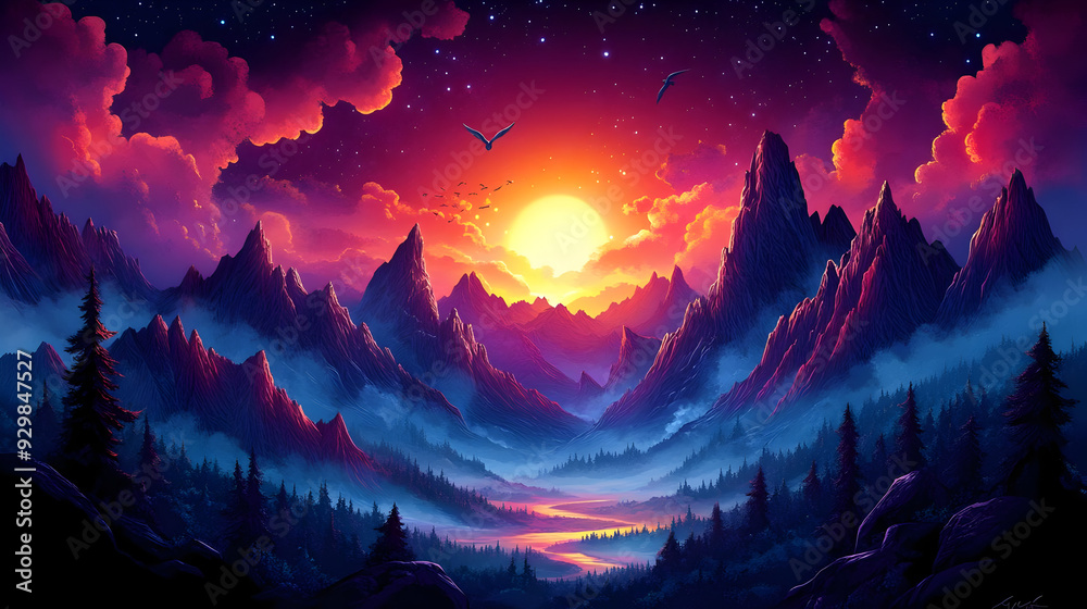 Naklejka premium A vibrant sunset over majestic mountains and a serene valley.