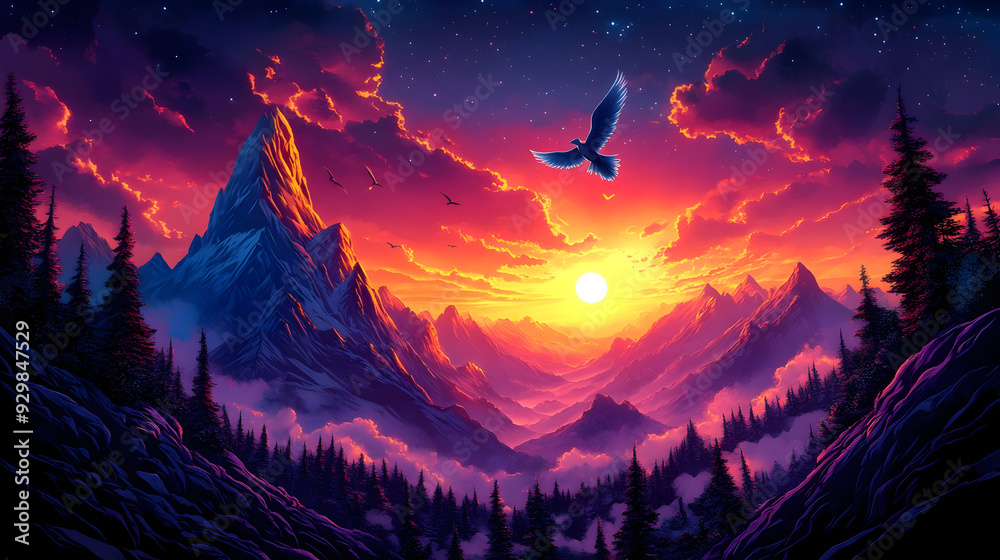Fototapeta premium A vibrant sunset over mountains with a flying bird.
