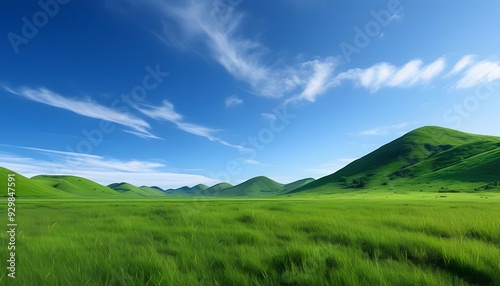 The verdant hills and vast grasslands, and the natural scenery under the blue sky are peaceful and beautiful.