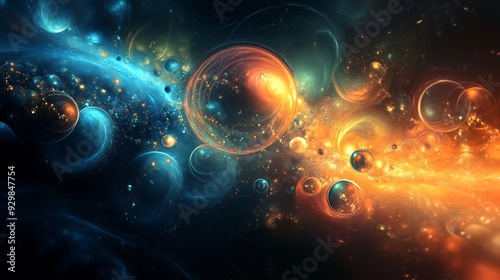 An abstract cosmic scene with swirling nebulae in blue and orange hues. The image features a multitude of glowing orbs and ethereal tendrils, suggesting a vast and mysterious universe.