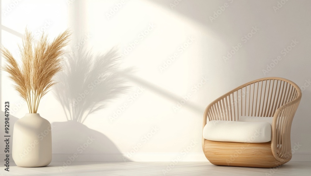 A simple room with white walls, a light wood armchair A simple room with white walls, a light wood armchair