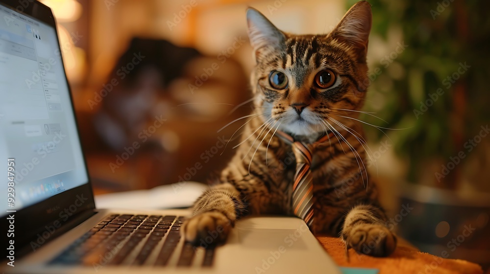Brown tabby cat with a ties and collar using a laptop Brown tabby cat with a ties and collar using a laptop