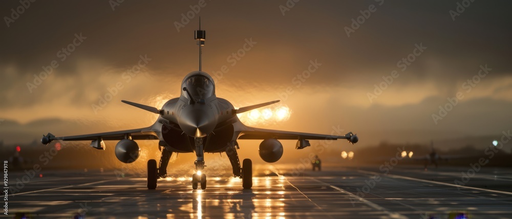Fototapeta premium A fighter jet rests on the tarmac, sunlight filtering through clouds behind
