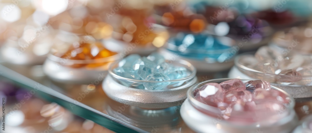 A glass table, its surface adorned with an array of various candies, forms a vibrant display Different types of candies crown the table's edge A glass table, its surface adorned with an array of various candies, forms a vibrant display Different types of candies crown the table's edge