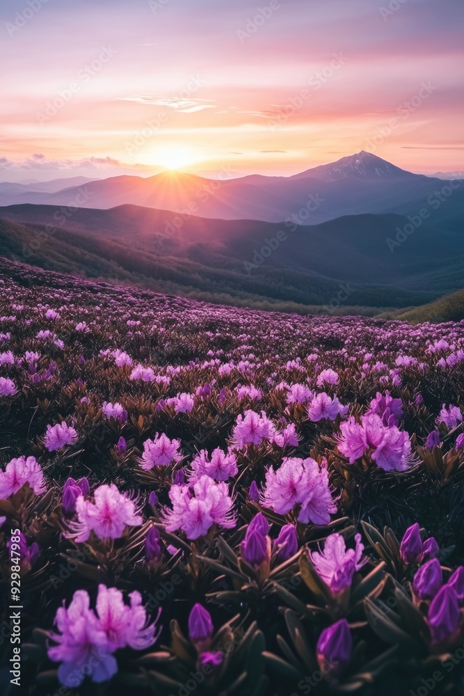 Fototapeta premium Purple flowers and mountain landscape