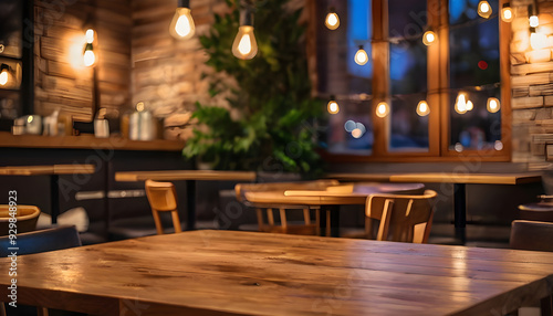 Empty step dark wood table top food stand with blur people in coffee shop background bokeh light Coffee Shop Interior With Wooden Tables, Coffee Maker