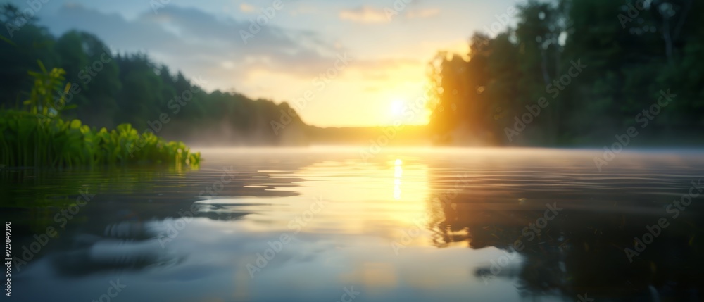  A scene featuring a tranquil body of water, surrounded by trees in the backdrop, with the sun ascending majestically over its surface