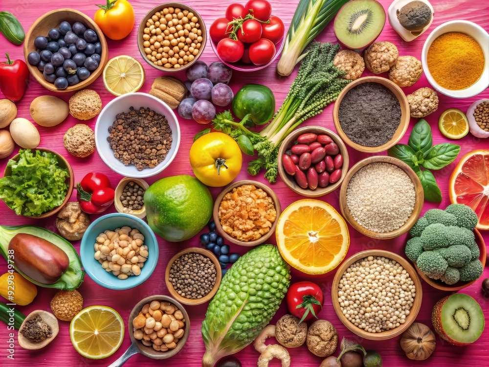 Vibrant flat lay of nutrient-dense foods, including fruits, vegetables, nuts, and whole grains, arranged on a pink table to promote immune-boosting nutrition. Vibrant flat lay of nutrient-dense foods, including fruits, vegetables, nuts, and whole grains, arranged on a pink table to promote immune-boosting nutrition.