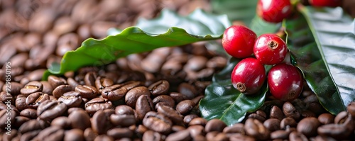 Coffee Beans with Red Berries and a Green Leaf