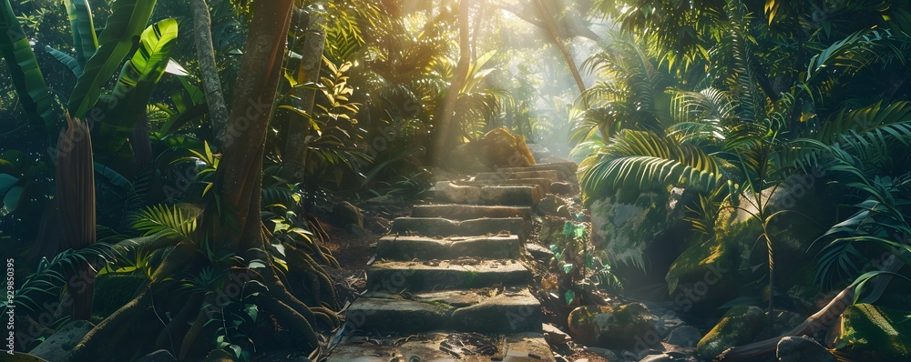Obraz premium Stone Steps Leading Through Lush Tropical Rainforest