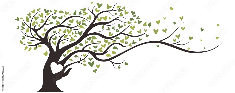 Obraz premium A tree with green heart-shaped leaves and a large heart in its trunk