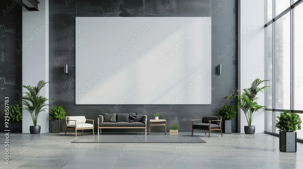 A large white wall with a black couch and two chairs in front of it A large white wall with a black couch and two chairs in front of it
