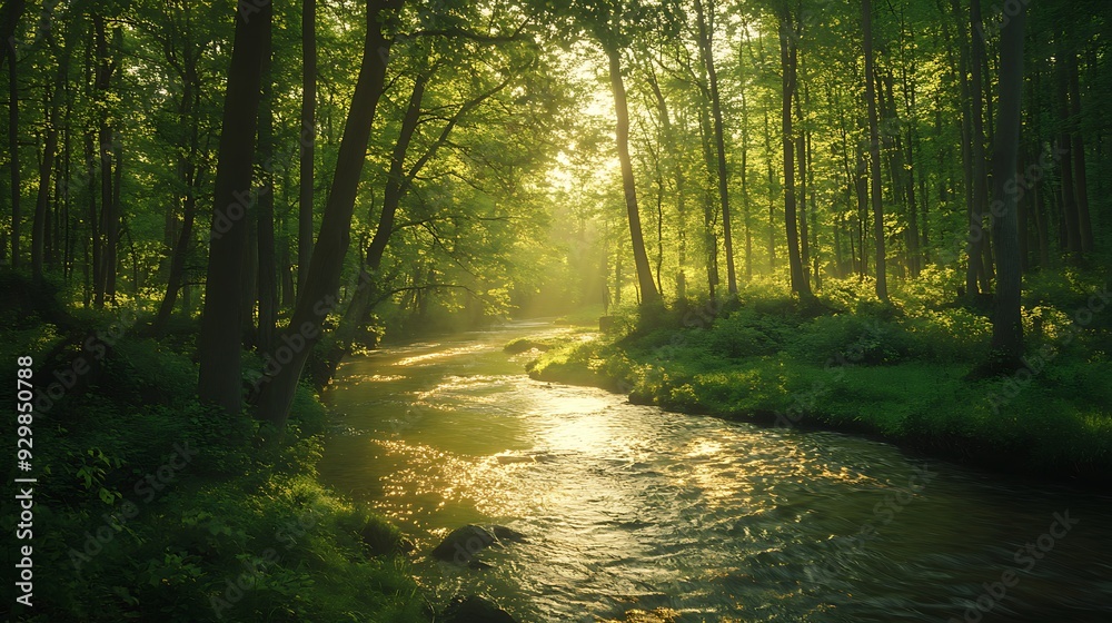 Fototapeta premium Sunlight streams through a lush forest canopy illuminating a winding river.