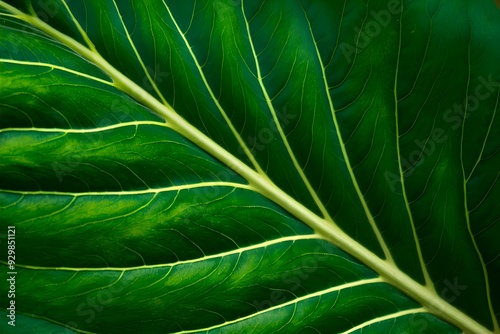 Close up vibrant green tree leaves with translucent veins, radial arrangement photo