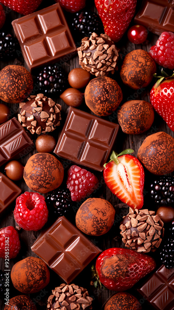 A close up of a chocolate and fruit platter. The chocolate is in the form of squares and the fruit is in the form of strawberries and raspberries. Scene is sweet and indulgent A close up of a chocolate and fruit platter. The chocolate is in the form of squares and the fruit is in the form of strawberries and raspberries. Scene is sweet and indulgent