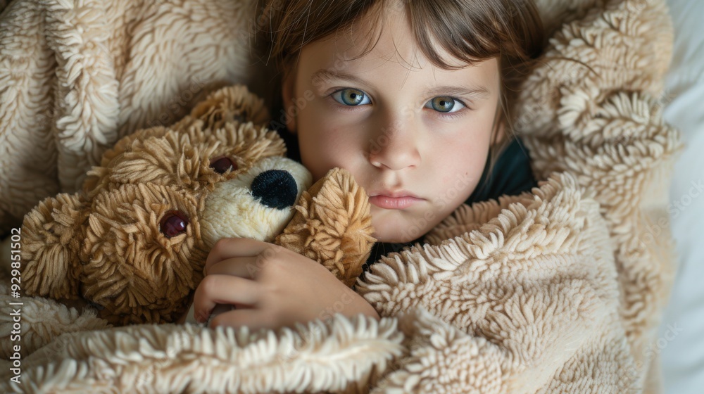 A young girl is holding a teddy bear while lying in bed A young girl is holding a teddy bear while lying in bed