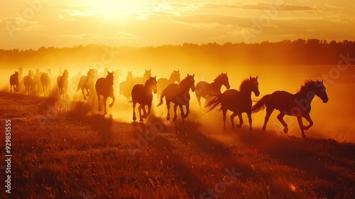 A herd of horses running in a field with the sun setting in the background