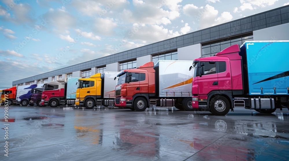 Fototapeta premium A row of colorful trucks are parked in a lot