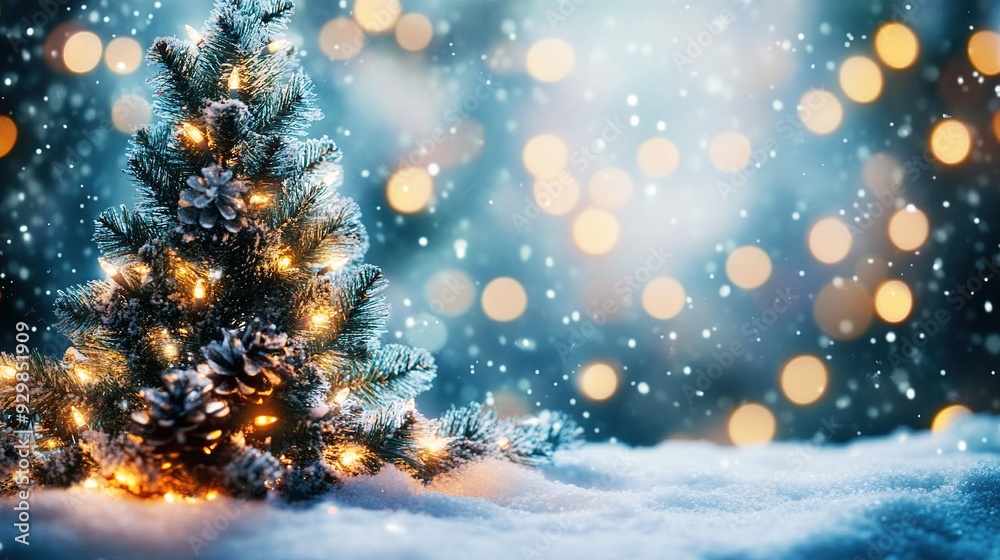Christmas Background with Snowy Tree and Garland Lights in a Festive Winter Design Christmas Background with Snowy Tree and Garland Lights in a Festive Winter Design