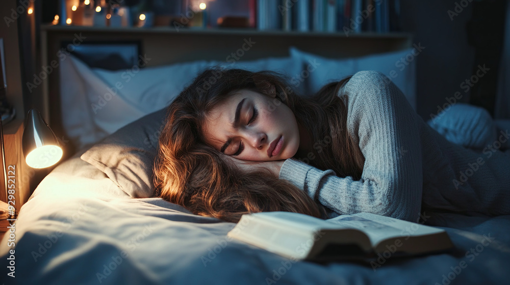 Woman falling asleep by the bedside lamp Woman falling asleep by the bedside lamp