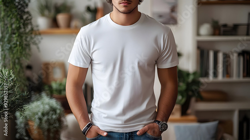 A young man in a white t-sh...