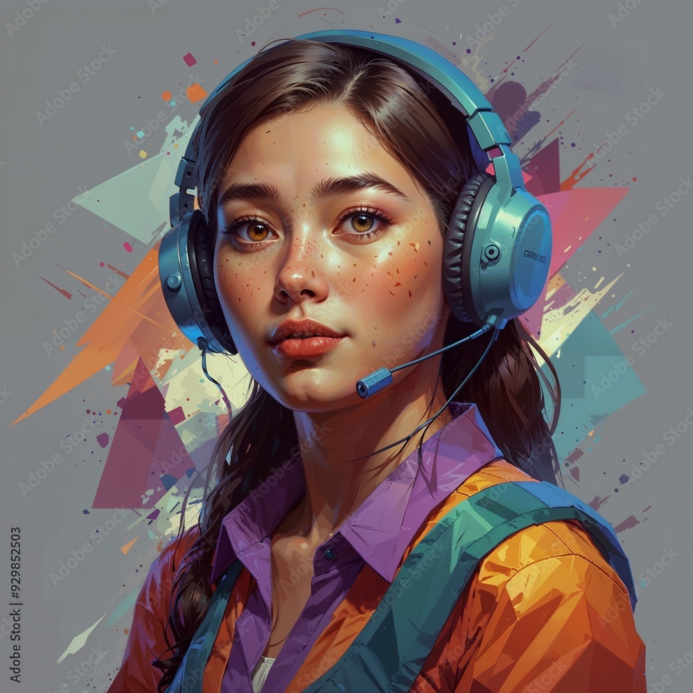 Female call center operator employee illustration. Operator woman with freckles and headphone. Female call center operator employee illustration. Operator woman with freckles and headphone.
