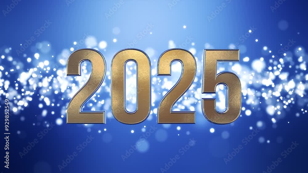 Video animation of golden light shine particles bokeh over blue background and the numbers 2025 in gold - represents the new year - vacation concept. Video animation of golden light shine particles bokeh over blue background and the numbers 2025 in gold - represents the new year - vacation concept.