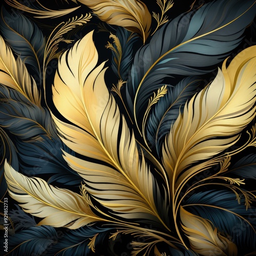 Elegant Golden Feather Design in Detailed Pen and Ink Style