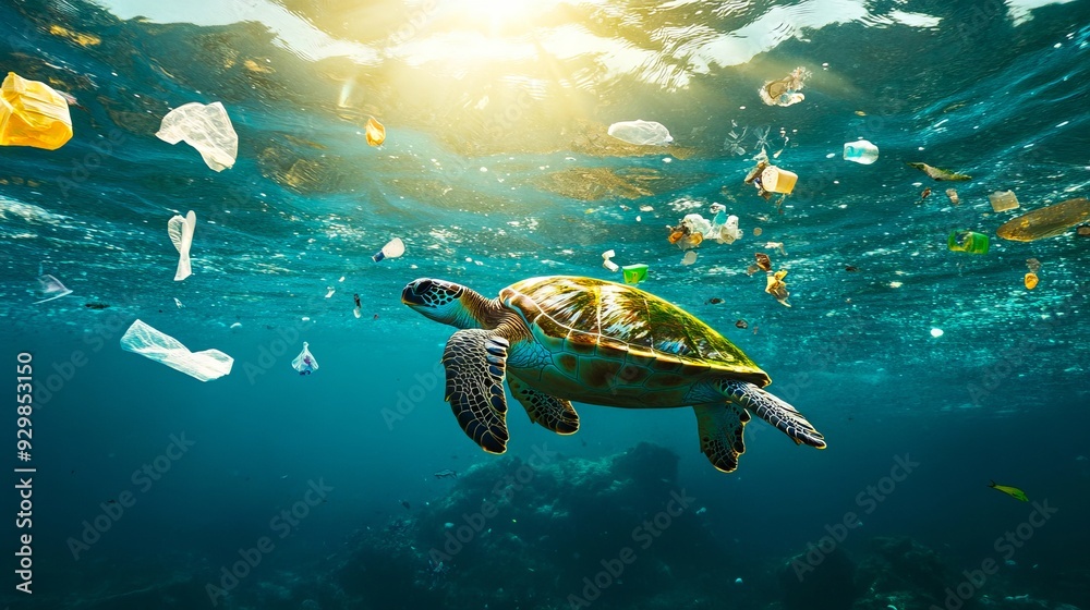 Obraz premium A turtle swimming in the ocean surrounded by plastic bags