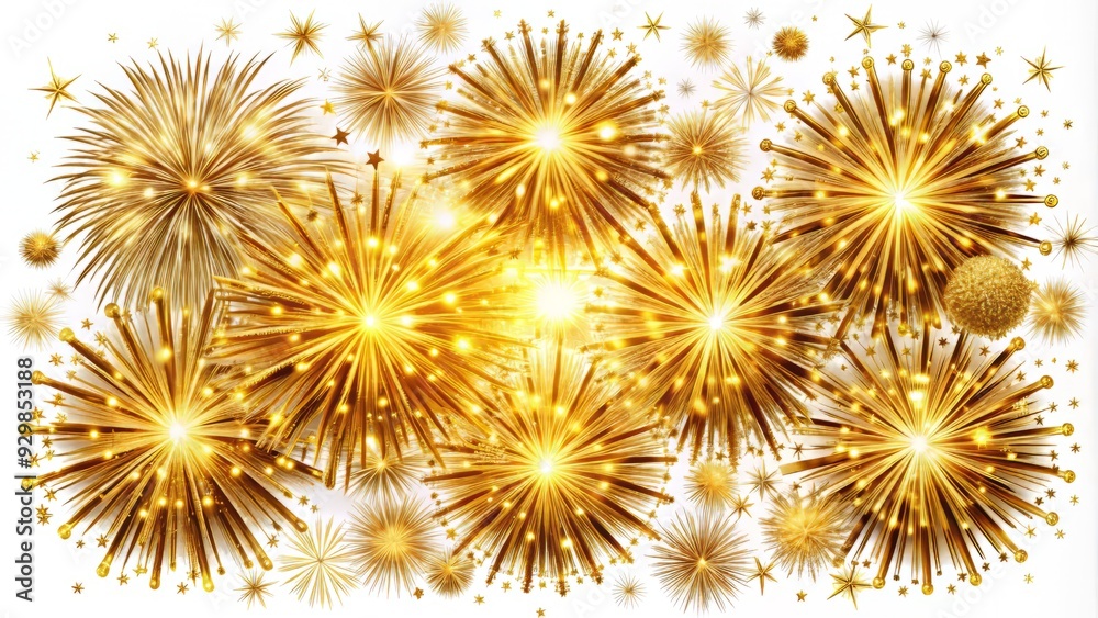 Vibrant gold fireworks explode in a kaleidoscope of swirling patterns and shapes, isolated on a crisp white background, perfect for celebrations and festive designs. Vibrant gold fireworks explode in a kaleidoscope of swirling patterns and shapes, isolated on a crisp white background, perfect for celebrations and festive designs.