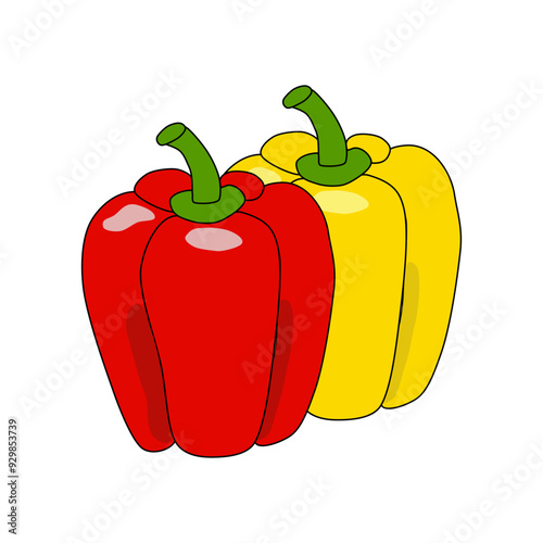 Red and yellow bell pepper on white background.