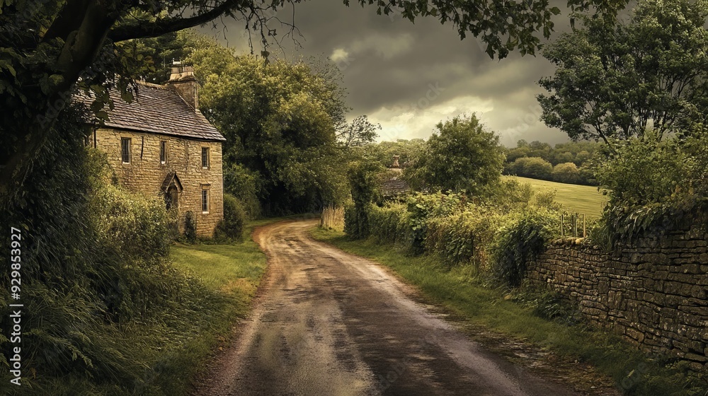Obraz premium A country lane in the Cotswolds, UK, lined with quaint stone cottages, lush greenery, and picturesque rural scenery, embodying the charm and tranquility of the English countryside.