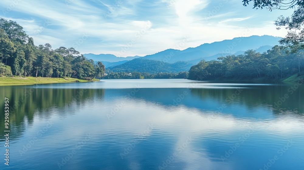 Fototapeta premium Ang Kaew Reservoir at Chiang Mai University in Thailand, featuring a tranquil body of water surrounded by lush greenery and the scenic backdrop of the university's campus.