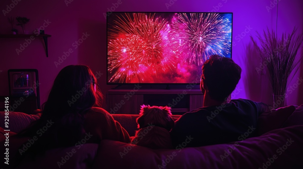 On New Year's Eve, families celebrate and watch the red and purple fireworks blooming on TV with their dogs, creating a joyful atmosphere