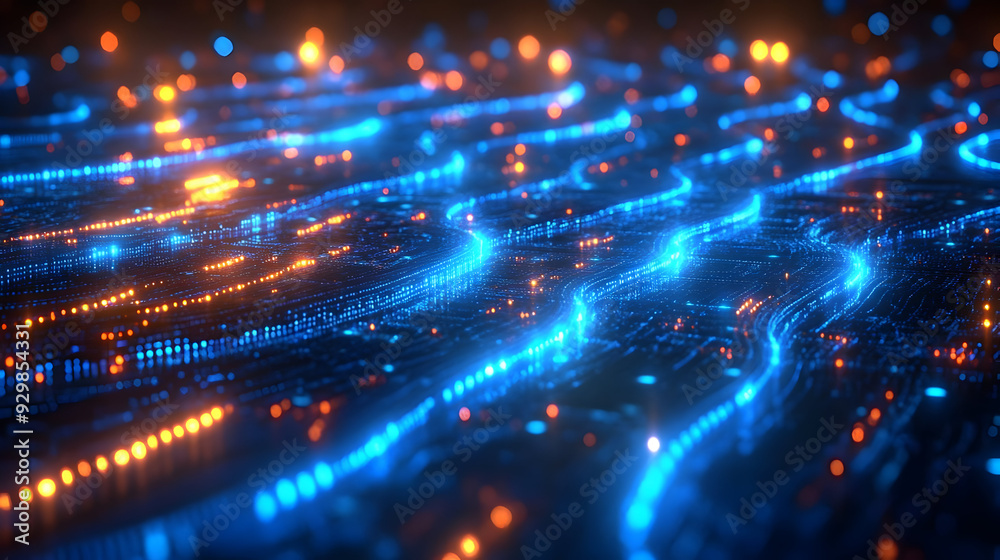 Abstract digital landscape with glowing blue and orange lines. Abstract digital landscape with glowing blue and orange lines.