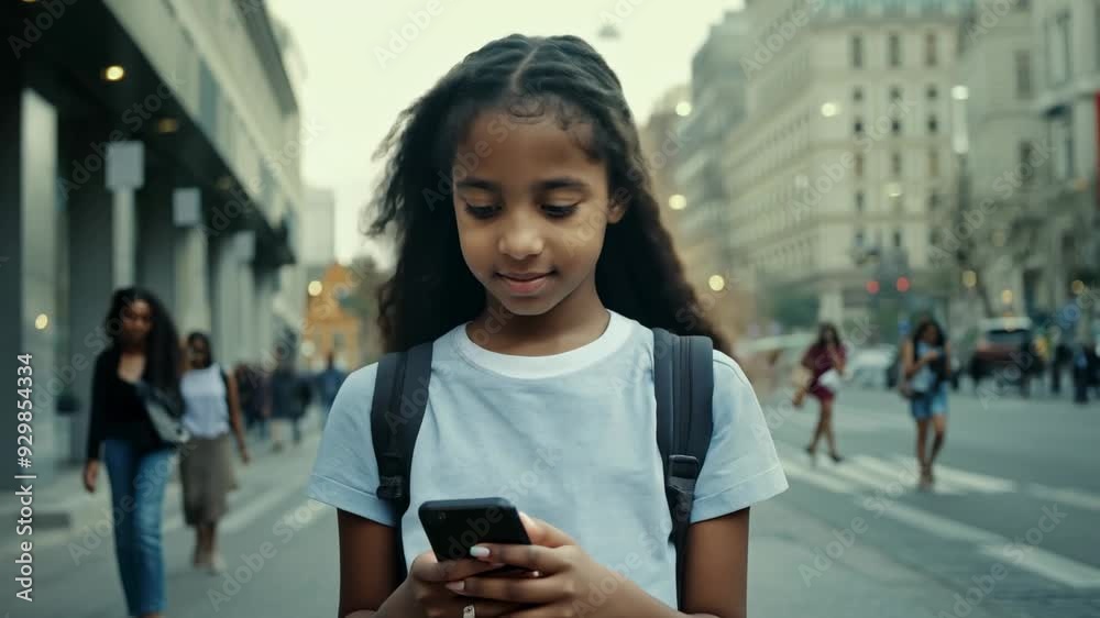 Teenage girl with a smartphone in the middle of the street. Children's addiction to smartphones and the Internet. A moment frozen: youth absorbed in the glow of a smartphone. Teenage girl with a smartphone in the middle of the street. Children's addiction to smartphones and the Internet. A moment frozen: youth absorbed in the glow of a smartphone.