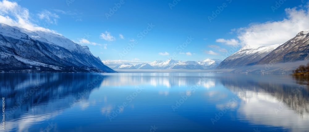 A crystal-clear body of water nestled amongst mountains under a vast blue sky dotted with fluffy white clouds and occasional wisps of gray A crystal-clear body of water nestled amongst mountains under a vast blue sky dotted with fluffy white clouds and occasional wisps of gray