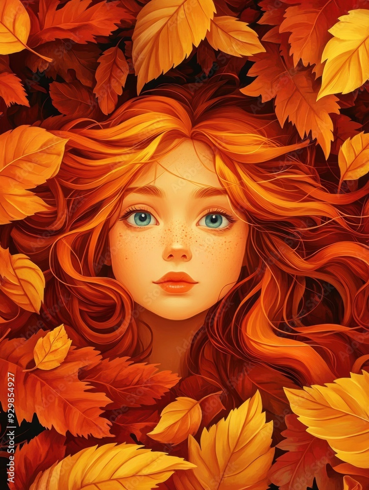 Woman with red hair surrounded by leaves Woman with red hair surrounded by leaves
