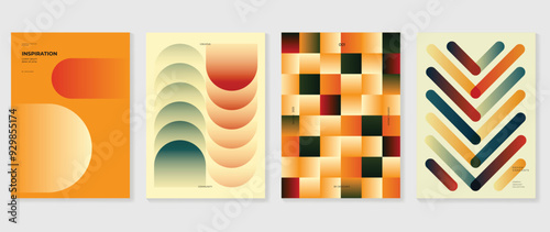 Collection of 70s color gradient poster background vector. Set of retro wall decoration, groovy, trippy, geometric shape. Vintage hippie wall art for interior, decorative, banner, cover, card. 