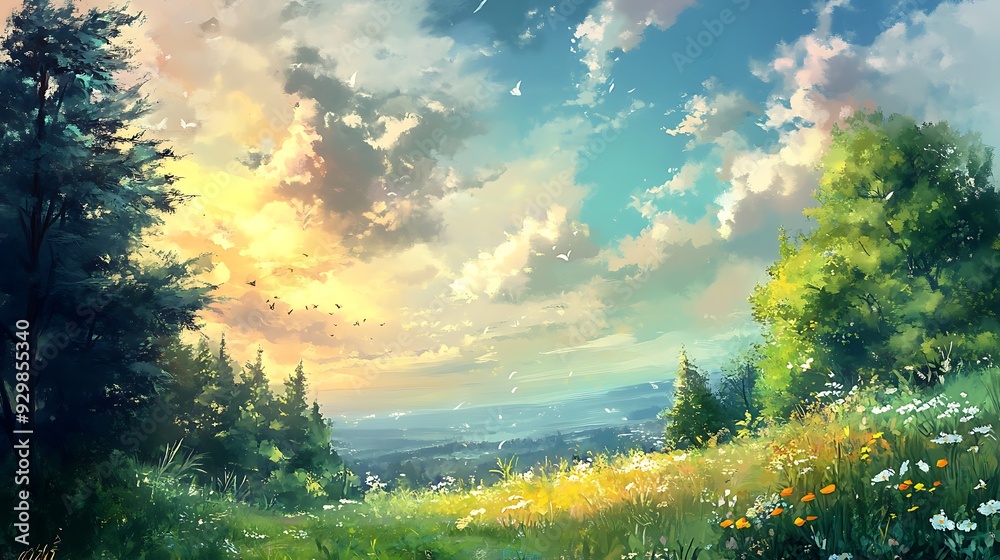 Obraz premium A vibrant green meadow bathed in the warm glow of the setting sun, with trees framing the edges of the scene. The sky is a beautiful mix of blue and yellow, with white clouds scattered across it.