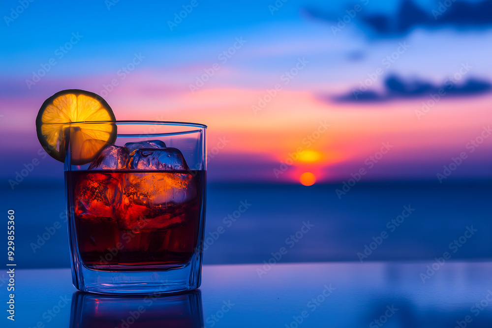 A whiskey glass with ice and a lime slice, against a vibrant beach sunset. A whiskey glass with ice and a lime slice, against a vibrant beach sunset.
