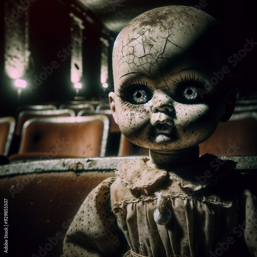 Creepy doll head with cracked face in dim lighting representing decay and abandonment photo