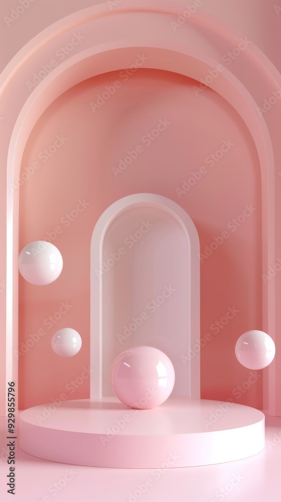 A serene, light pink space features elegant, floating spheres and forms, creating a calm and modern aesthetic A serene, light pink space features elegant, floating spheres and forms, creating a calm and modern aesthetic