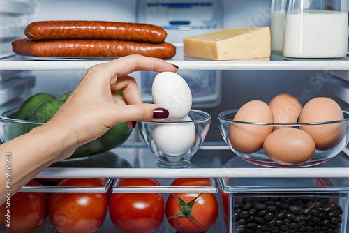 Refrigerator interior shows hand reaching for apples; other items like juice and fruits visible photo